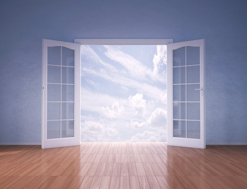 Doors opening to blue skies